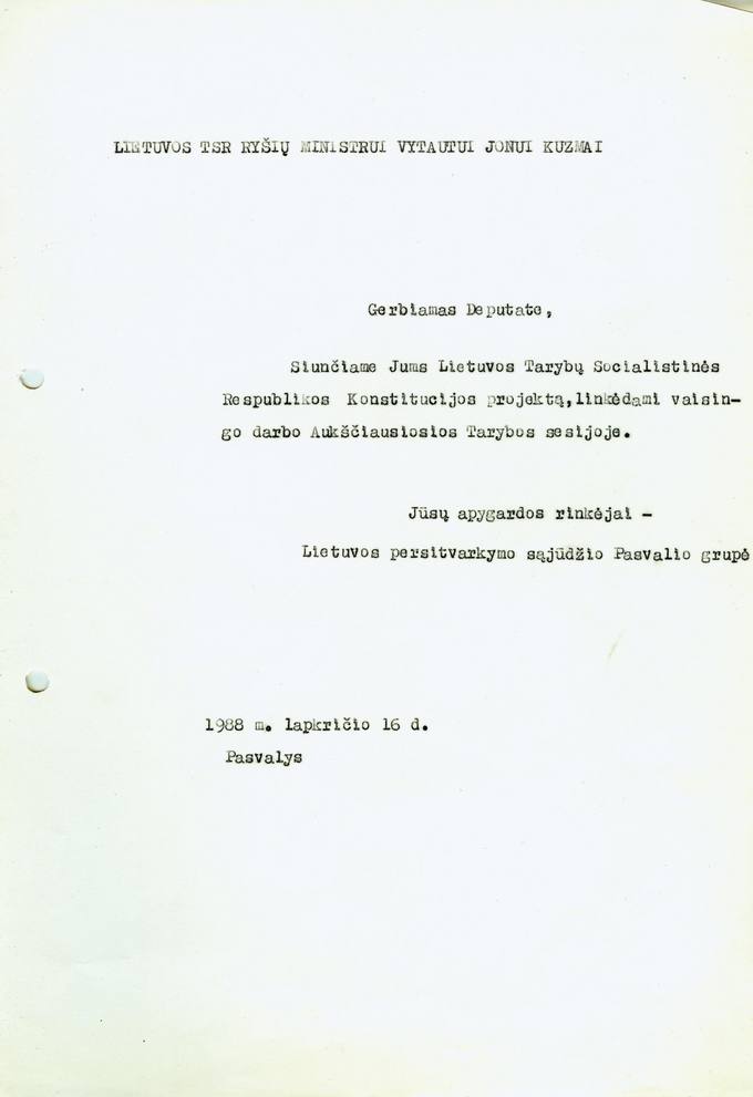 Lietuvos Persitvarkymo Sąjūdžio Pasvalio grupės 1988 m. lapkričio 16 d. raštas Lietuvos TSR Ryšių ministrui Vytautui Jonui Kuzmai